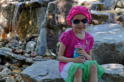 Sitting on the rocks outside.